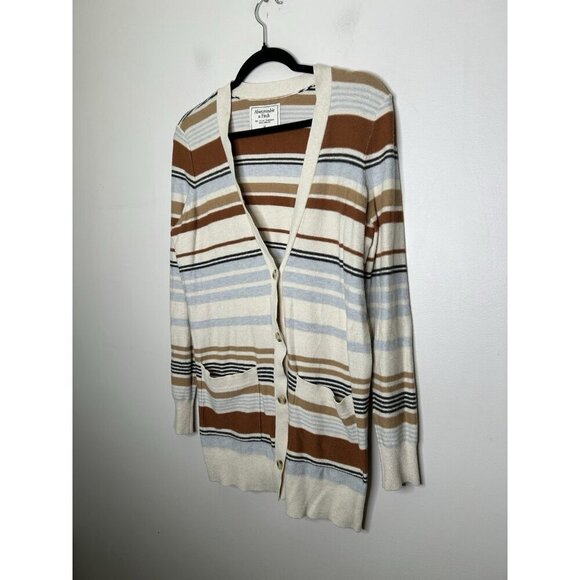 Abercrombie & Fitch Striped Cardigan Grandpacore Sweater Brown Cream Medium - Picture 2 of 10